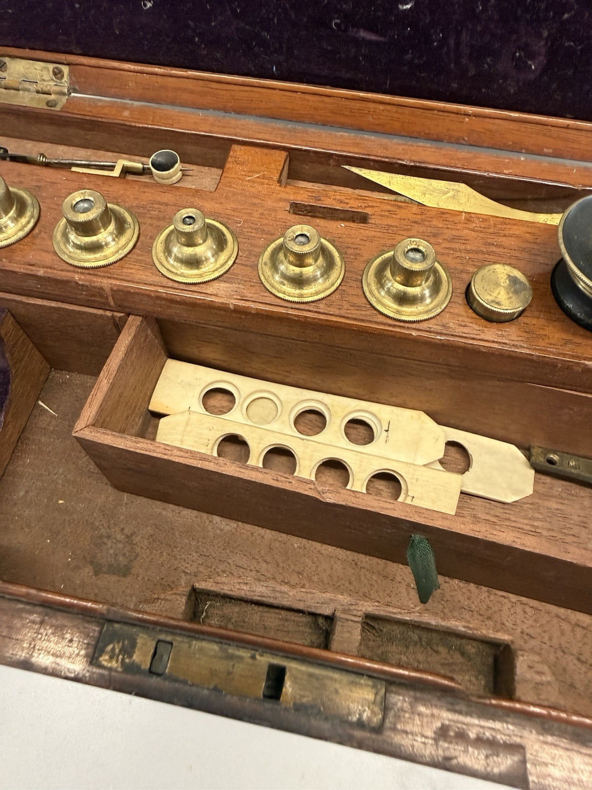 Victorian Brass Cylinder Microscope & Accessories In Original Wood end Case