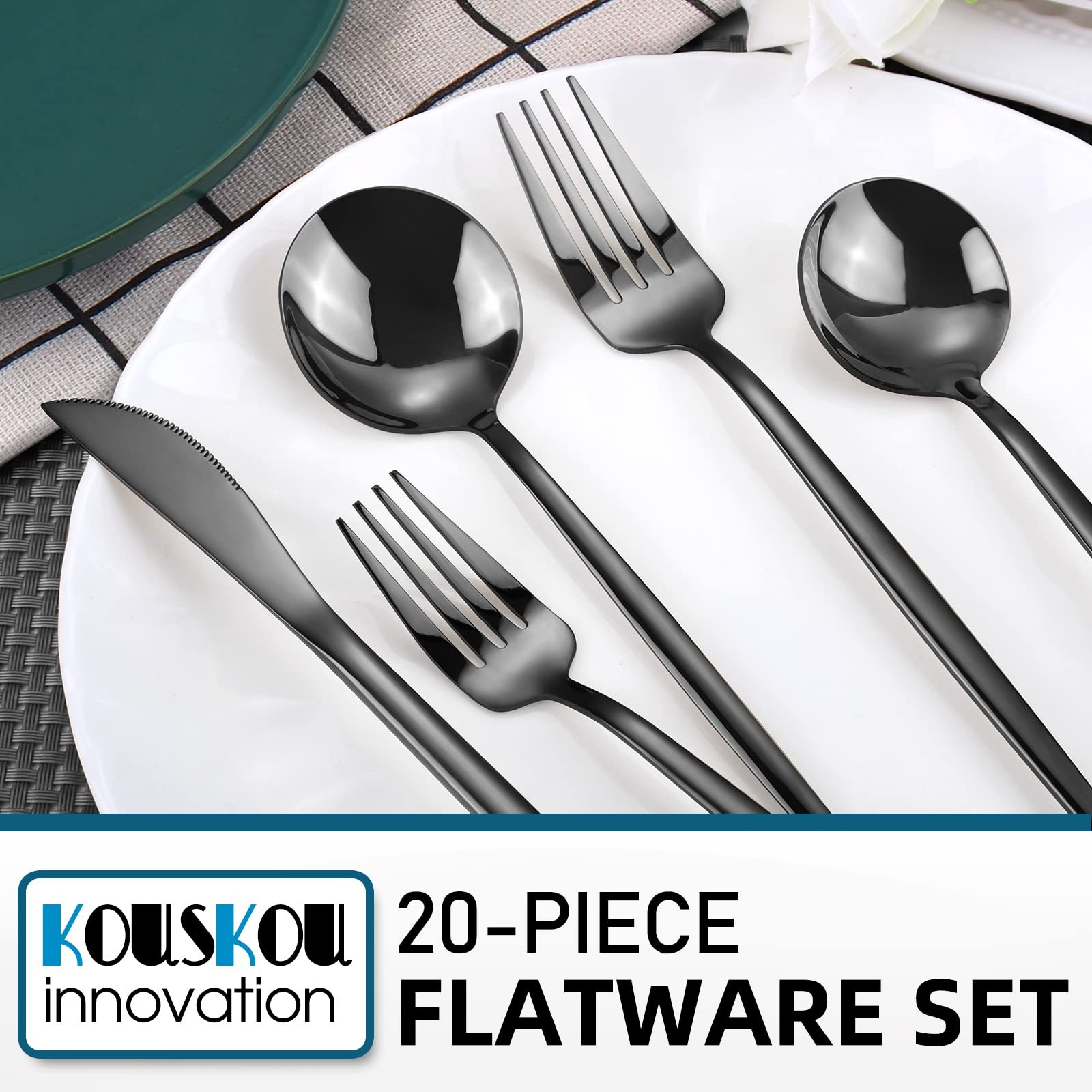 Mirror Black Silverware Set, 20-Piece Flatware Cutlery Sets Service for 4, Mi...