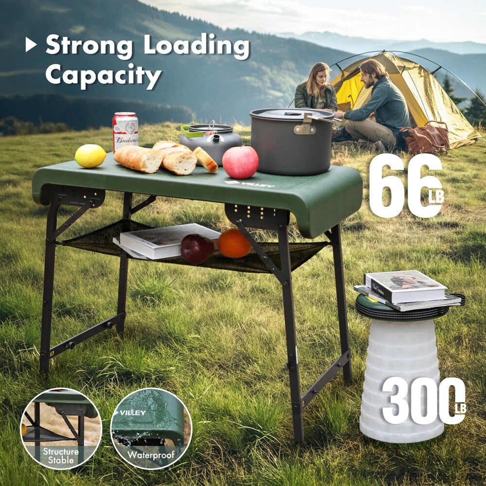 VILLEY Folding Camping Table & Stools Set Aluminum Table Legs Adjustable Stools
