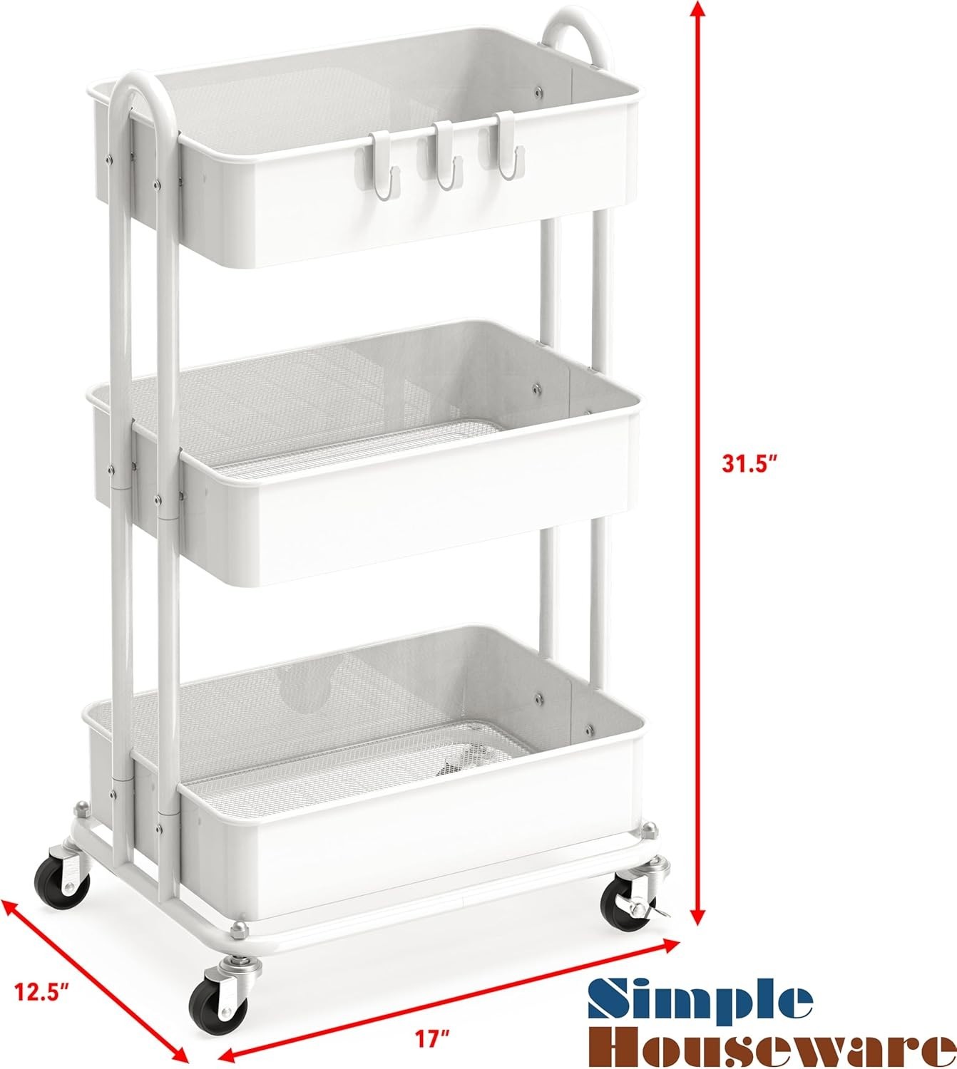 3-Tier Heavy Duty Metal Utility Rolling Cart, White
