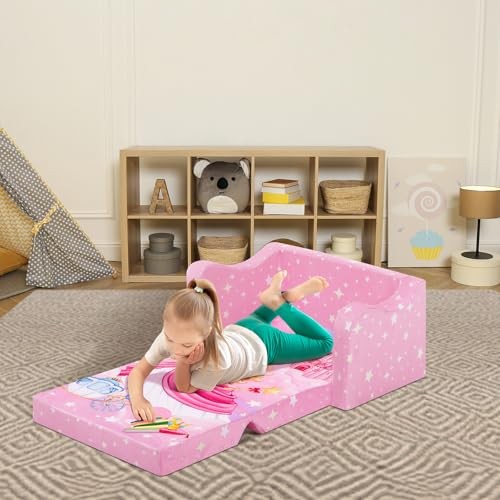 Comfy Kids Couch, 2-in-1 Folding Kids Sofa Bed for Toddler Princess Carriage