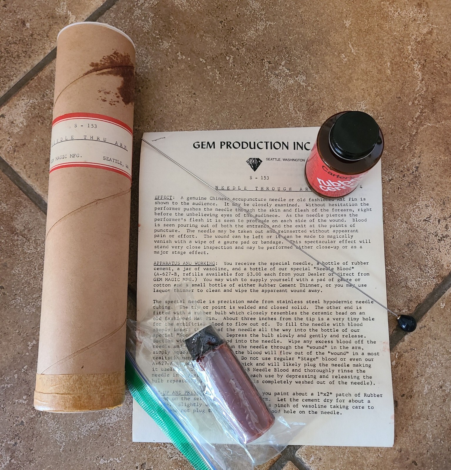 Needle Thru Arm 15 Inch Gem Production Magic Mentalism Trick Rare