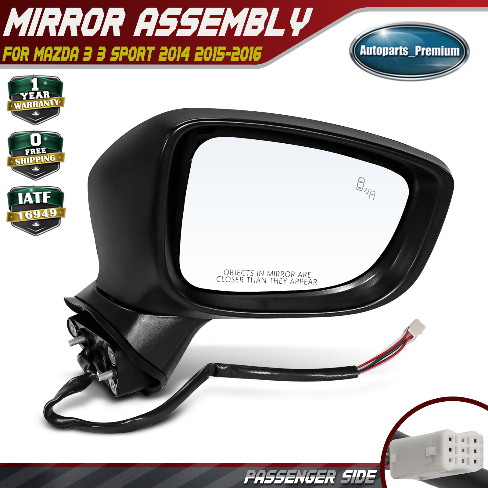 Passenger RH Black Power Mirror w/ Blind Spot for Mazda 3 3 Sport 2014 2015-2016