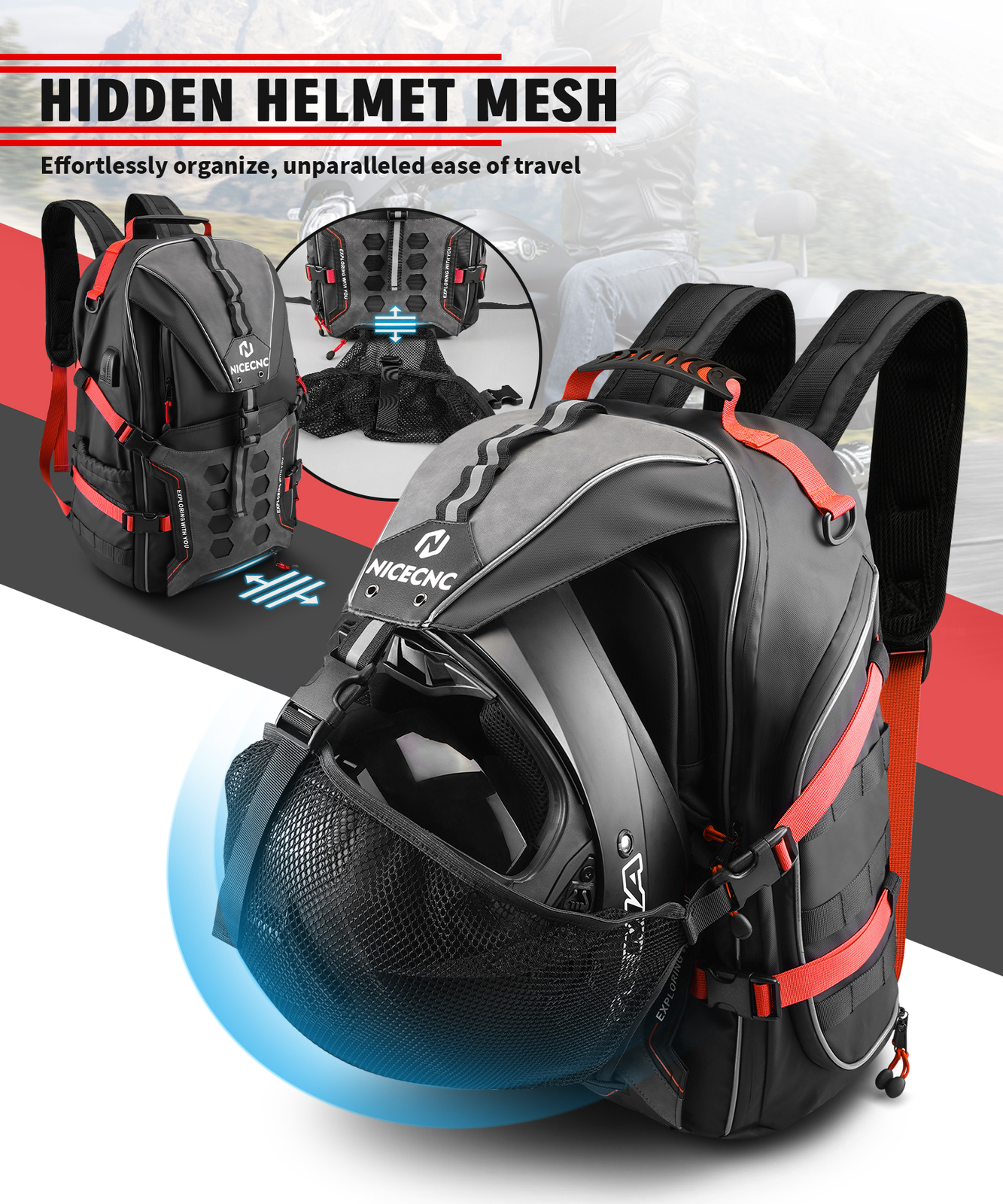 Motorcycle Backpack Waterproof Helmet Luggage Backpack Bag Men Accessories Red