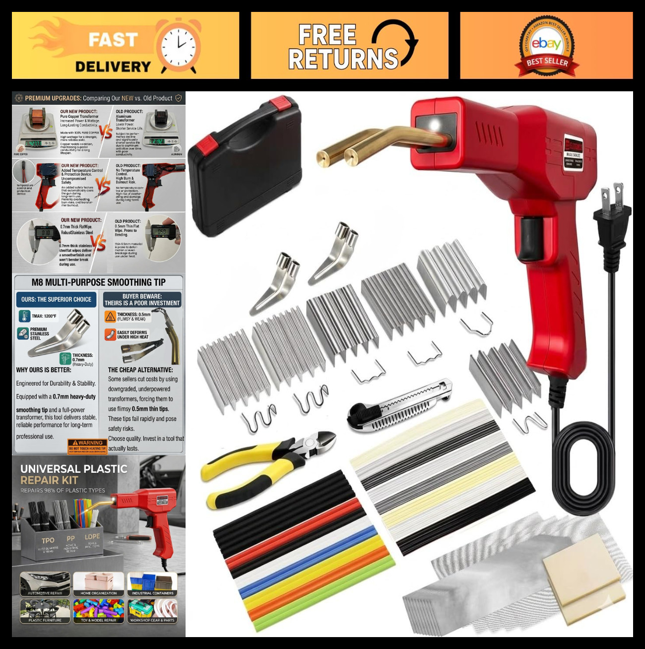 230W 2-in-1 Plastic Welder Kit, Hot Stapler Soldering Gun, 1200 Staples, Temp Co