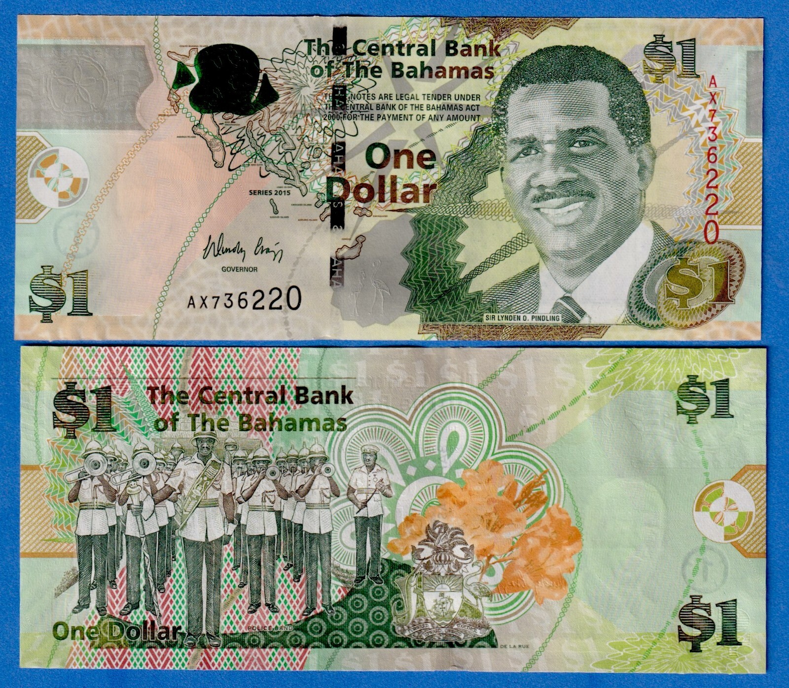 Bahamas $1 2015 P-71A UNC Banknote - Sir Lynden O. Pindling / Police Band