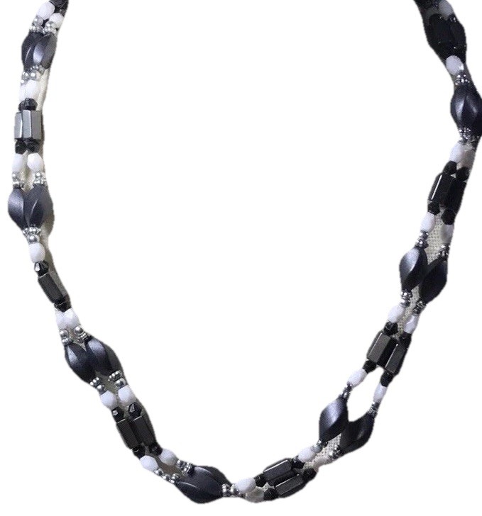 Black Beaded Necklace/ Magnetic/ Double Chain/ Silver Tone