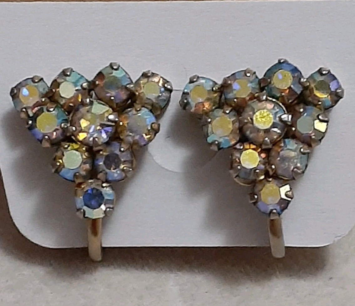 Vintage Aurora borealis prong set triangle gold tone clip on earrings