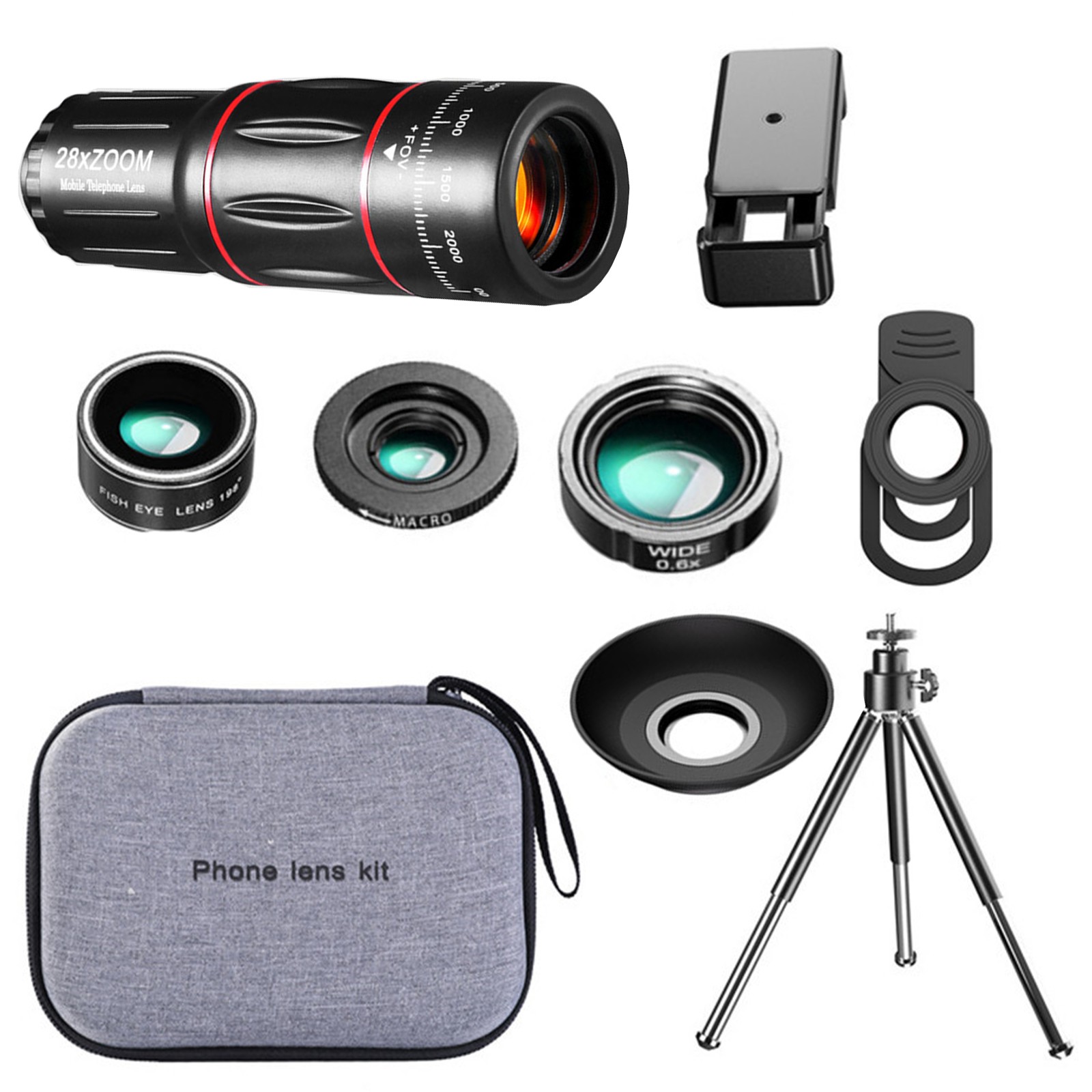 28X HD Cellphone Camera Macro Telescope Zoom Fish Eye Lens Tripod Kit Portable C