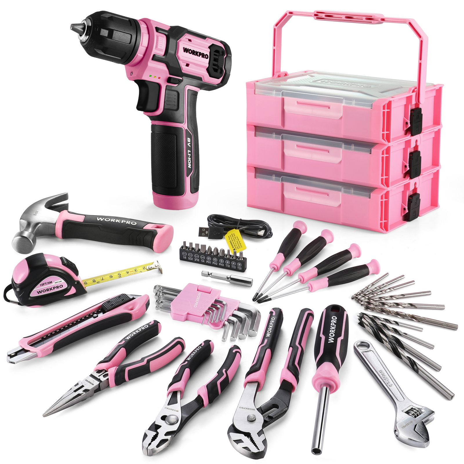 Pink Cordless Drill Driver with Toolbox 43PC wi/8V Lithium-ion Power Drill&Bits