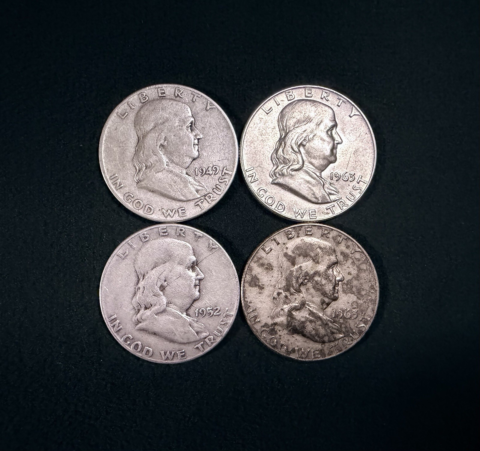 1952-S Key Date Benjamin Franklin Half Dollar 90% Silver Lot Of 4, 1 Cammo Toner