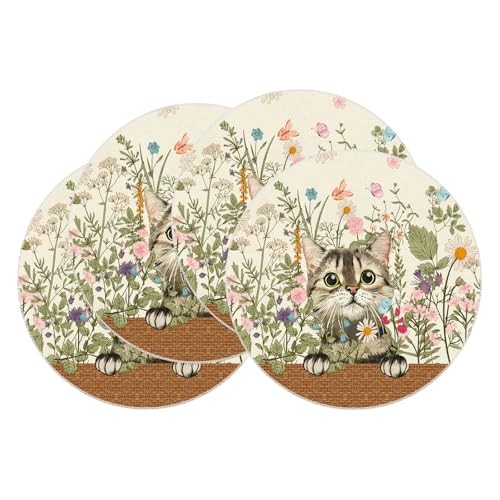 Wildflowers Cat Daisy Spring Round Placemats Set of 4 Summer Table 14x14 Inch