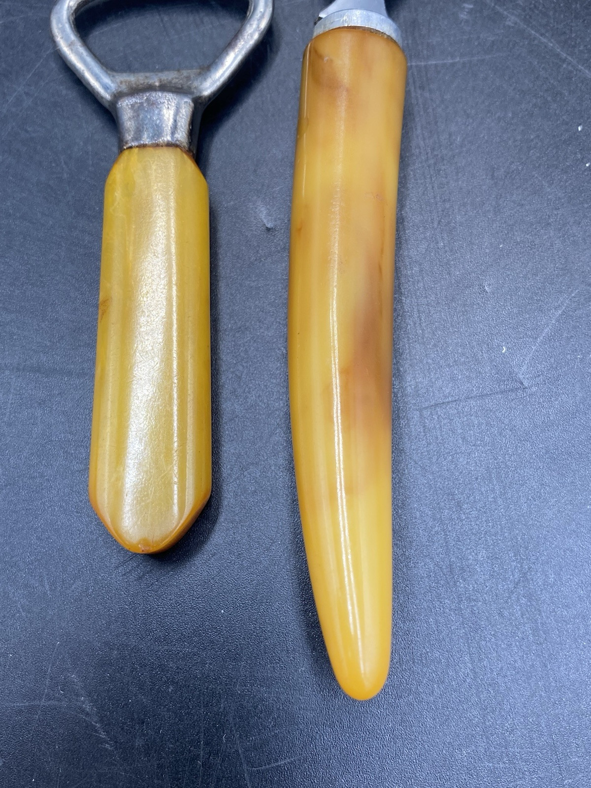2 BUTTERSCOTCH BAKELITE BOTTLE OPENERS PARKER GAINES GERMANY