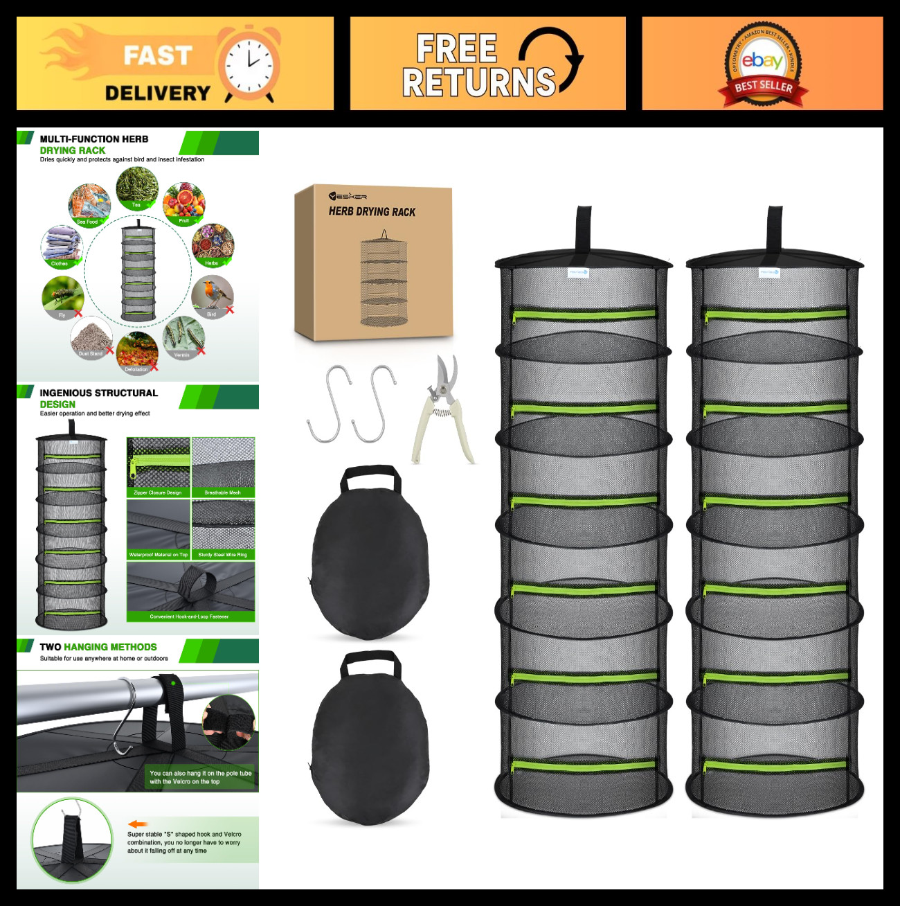 6-Layer Herb Drying Rack Mesh Net, Foldable Plant Dryer, 24" with Zipper, 2 PCS