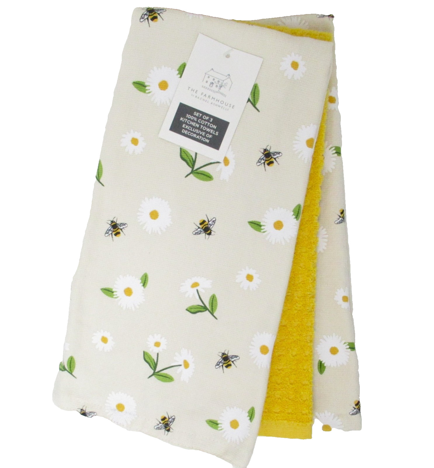 The Farmhouse Kitchen Towels Set of 3 dish hand (2) Bees & Daisy (1) Solid Gold