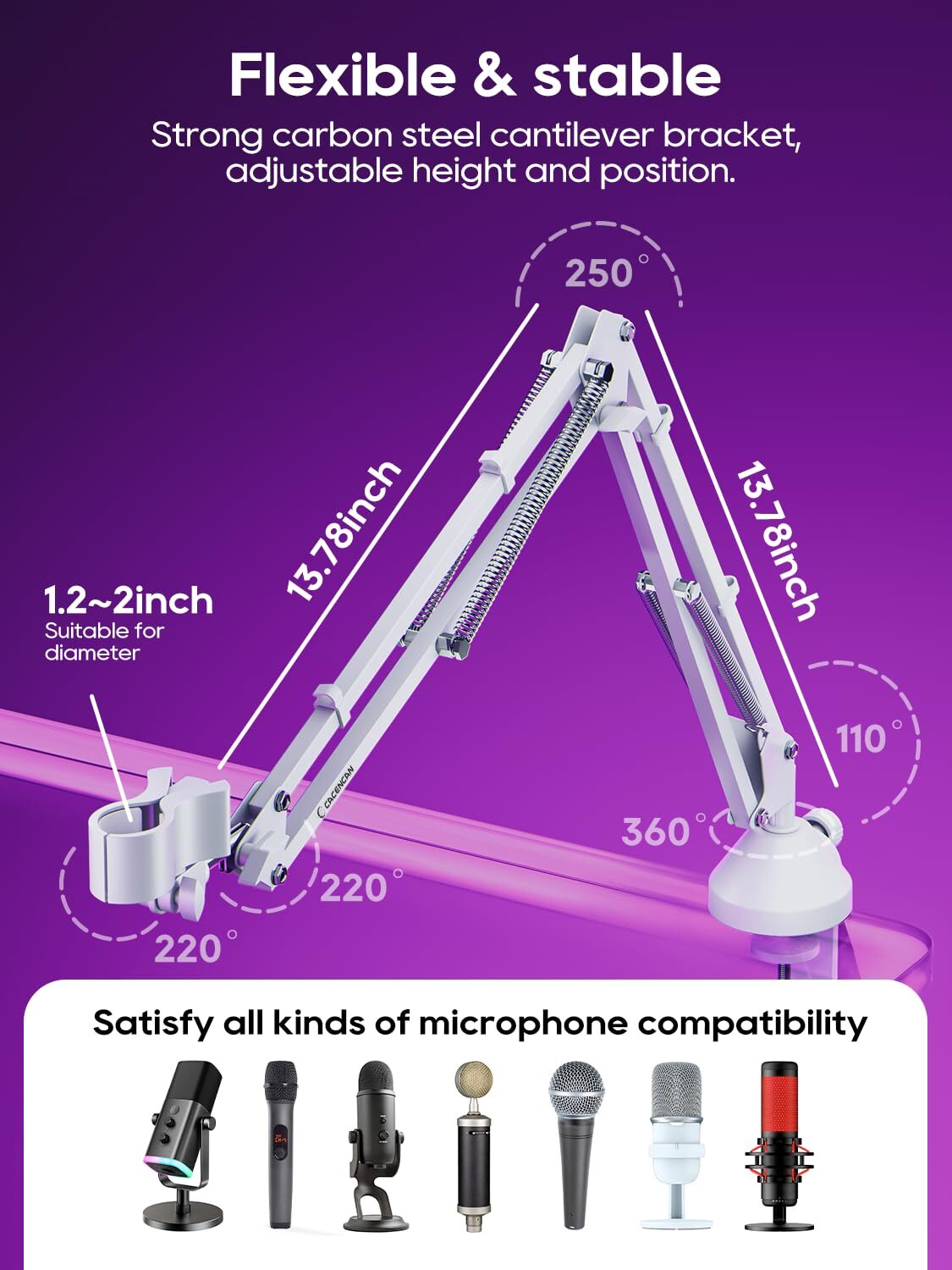 White Boom Arm Mic Stand Foldable Desk Mount for Podcast Recording Adjustable