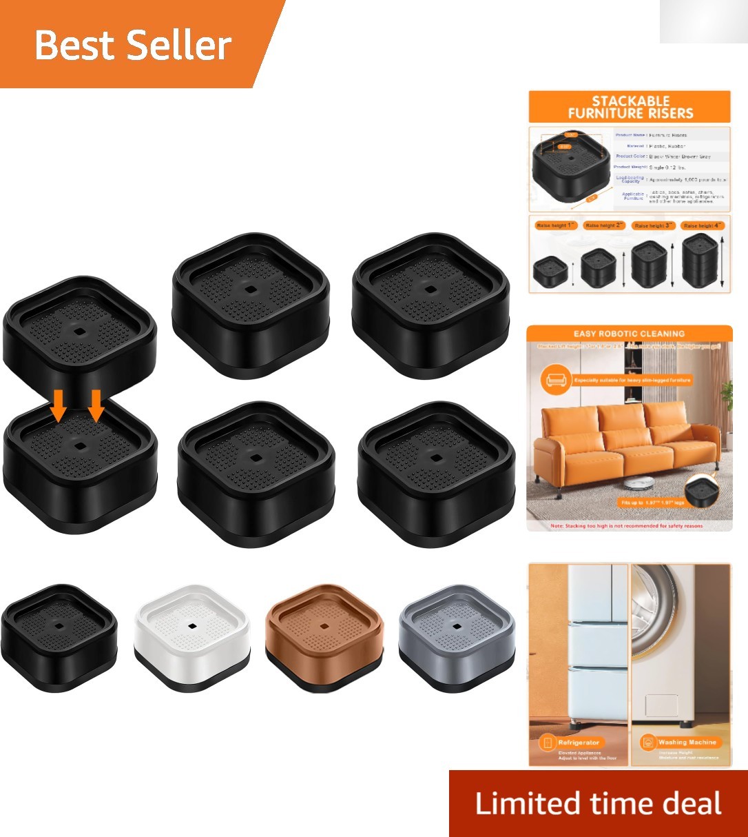 4 Pack Adjustable Heavy Duty Furniture Risers for Bed and Sofa - 1" Lift