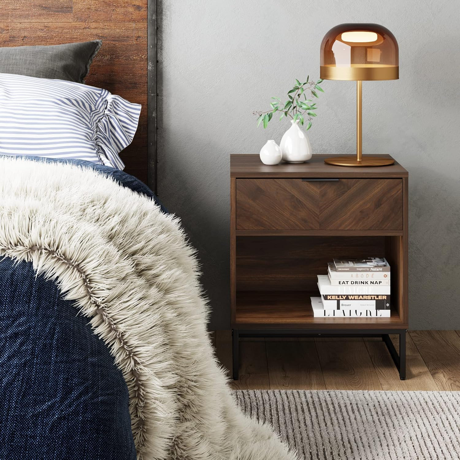 Kensi Nightstand Side Accent or End Table with Storage, Walnut/Black