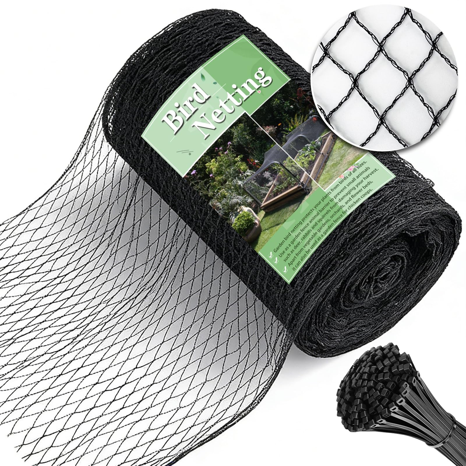 Hortifan Bird Netting，7.5 x 100 FT Garden Netting 7.5 x 100 FT, Black