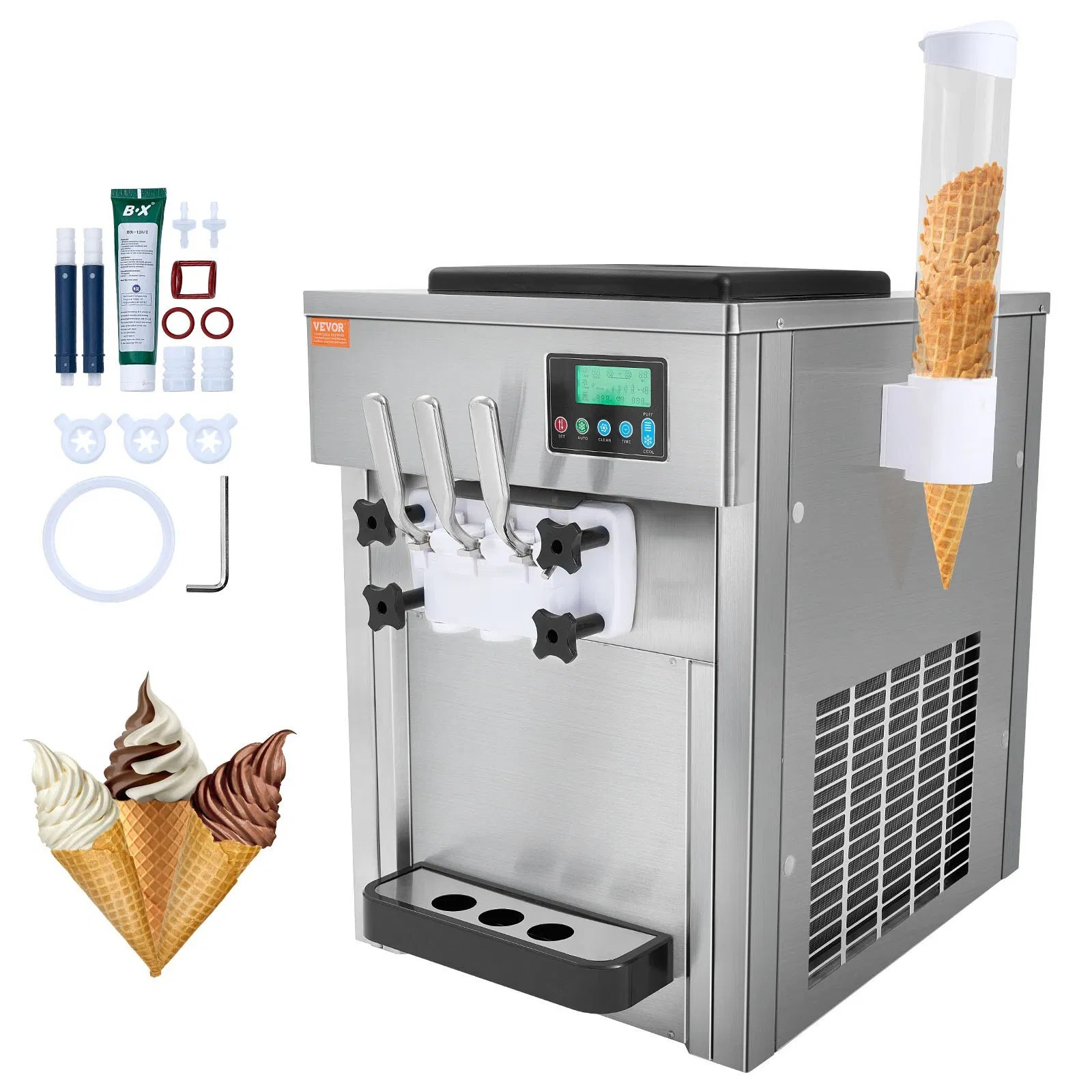 Commercial Ice Cream Machine, 21 QT/H Yield, 1800W 3-Flavor Countertop Soft Serv