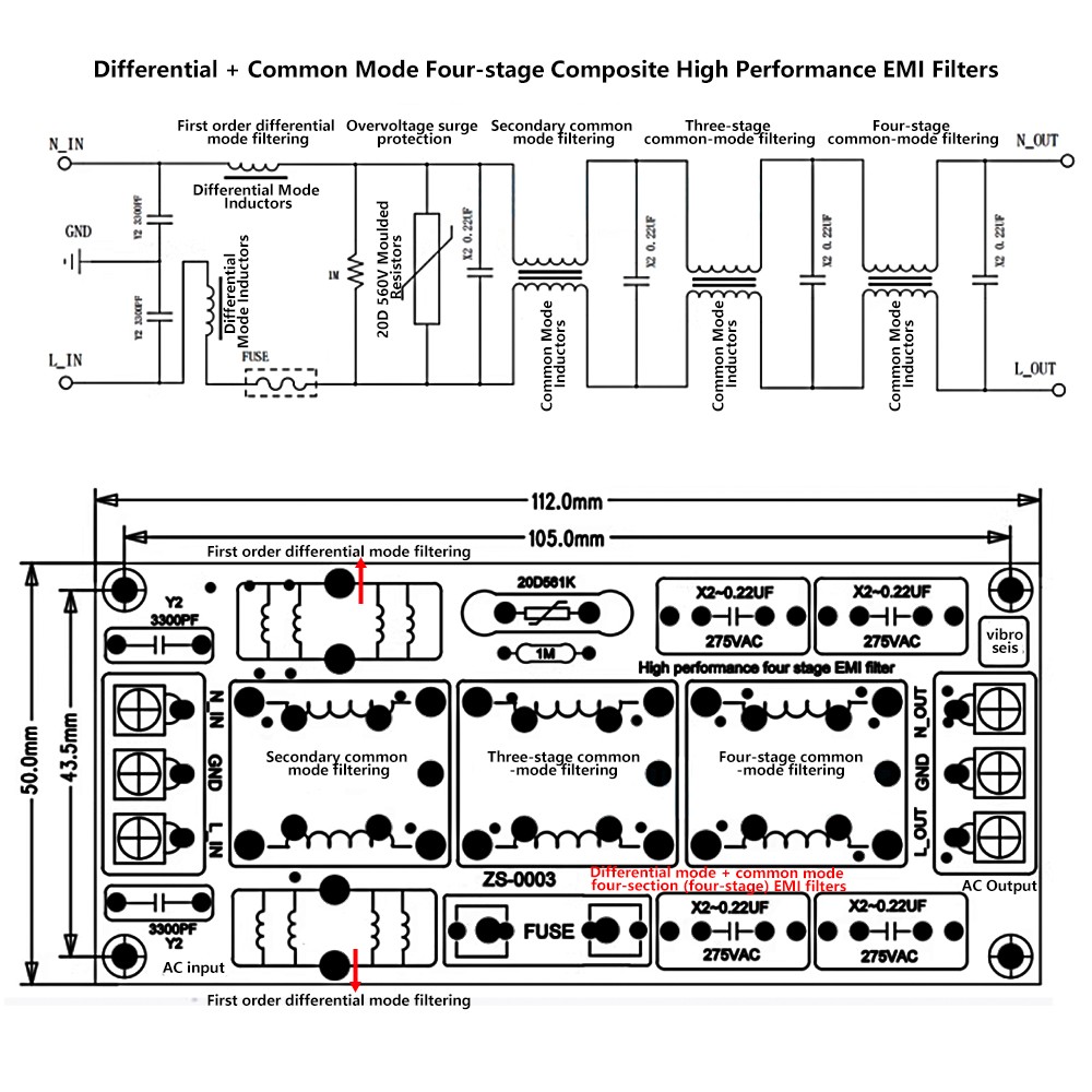 16A EMI Filter Four Level Audio AC220V Power Electromagnetic Interference Filter