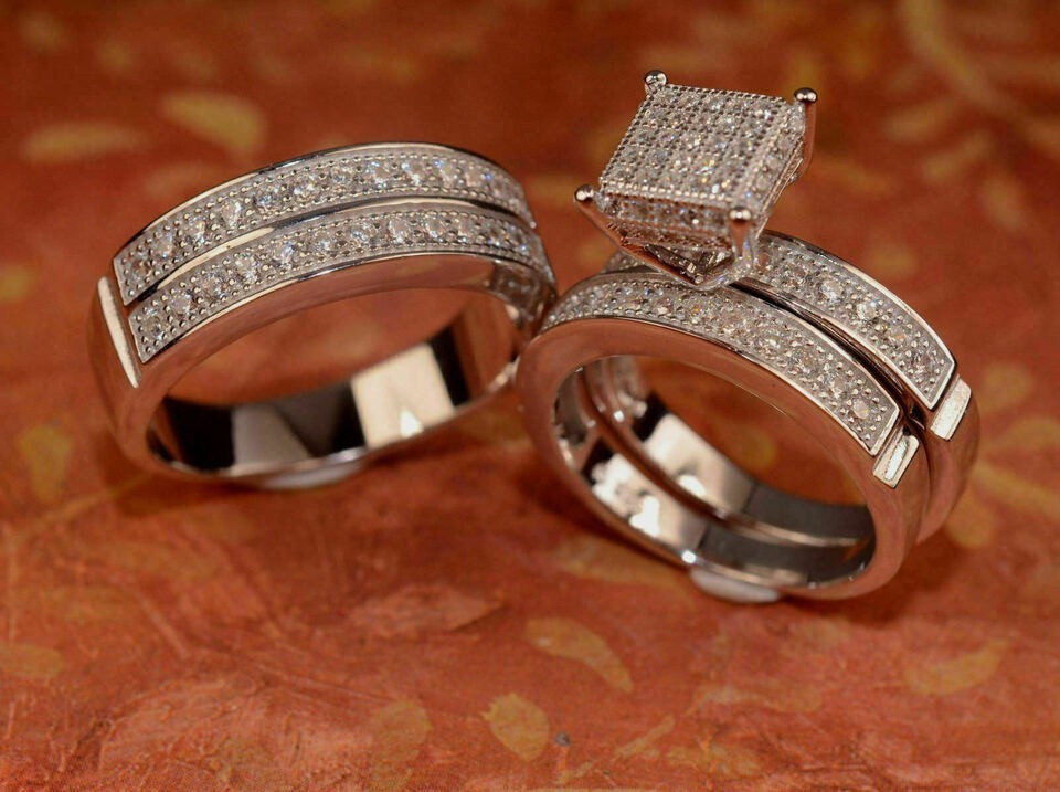 14k White Gold Plated 3Ct Round Simulated Diamond His &Her Wedding Trio Ring Set