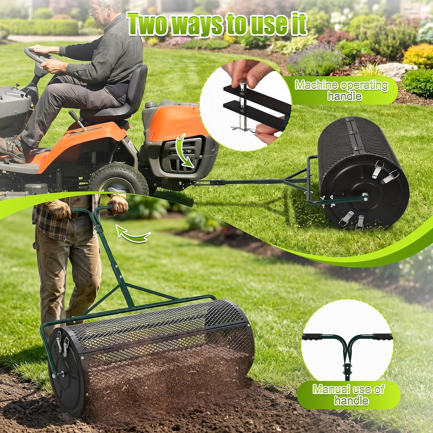 High-Capacity Metal Mesh Drum Compost Spreader with Side-Lock Peat Moss Spreader