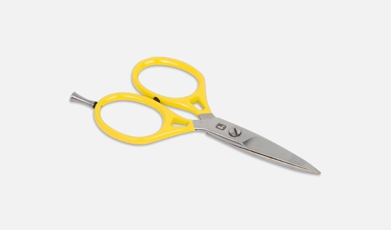 LOON OUTDOORS ERGO PRIME 6" FLY TYING SCISSORS W/ PRECISION PEG IN YELLOW