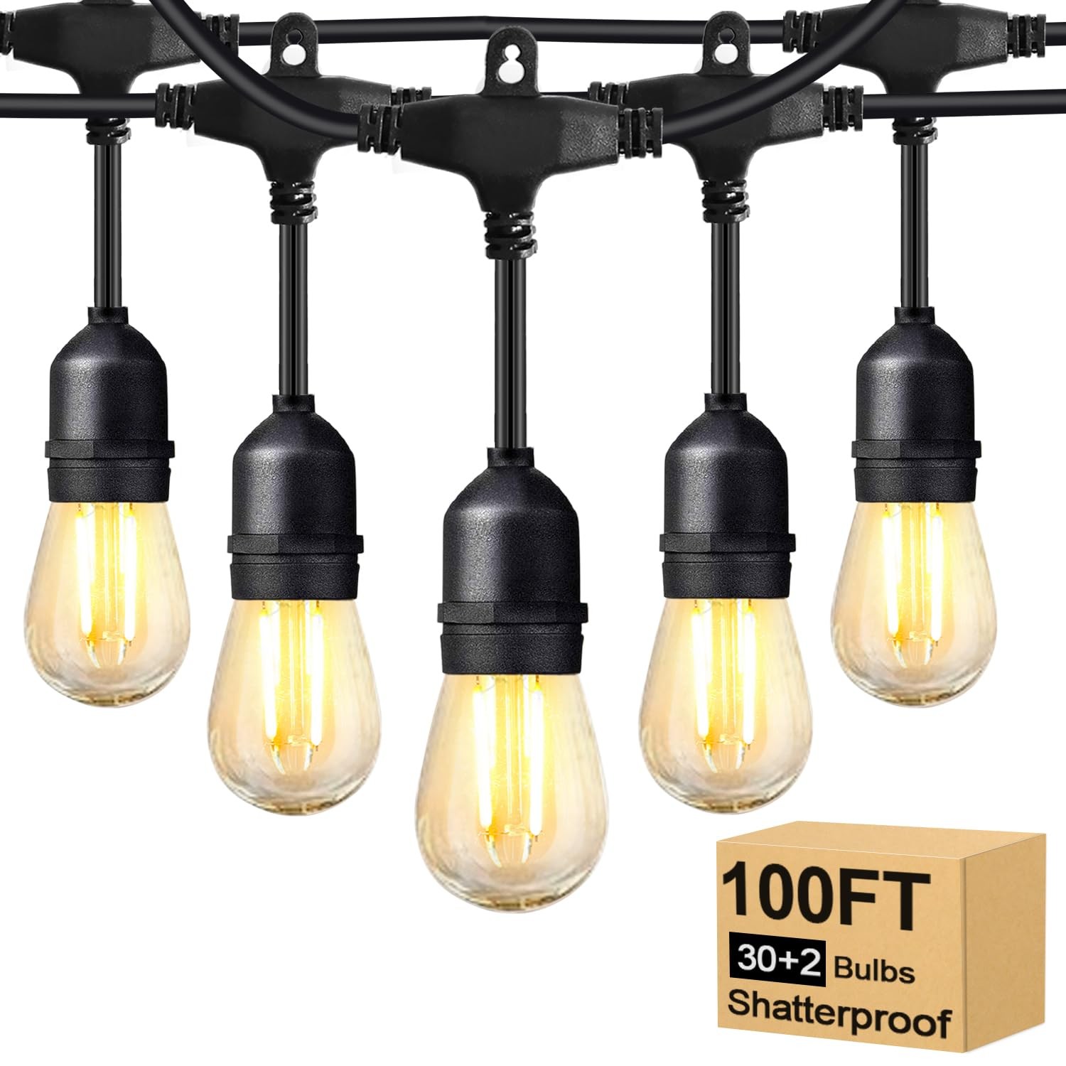 2W 100FT Outdoor String Lights Commercial Grade with 32 Shatterproof S14 2700K