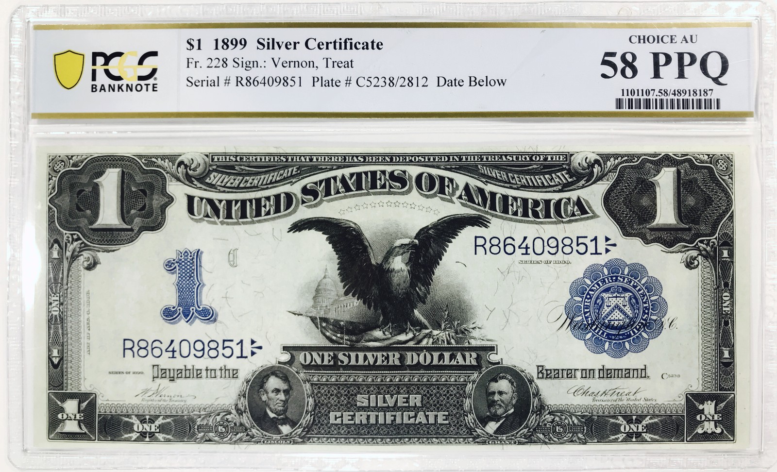 *1899 $1 SILVER CERTIFICATE* *BLACK EAGLE* *PCGS CHOICE AU 58 PPQ* #GVIP14