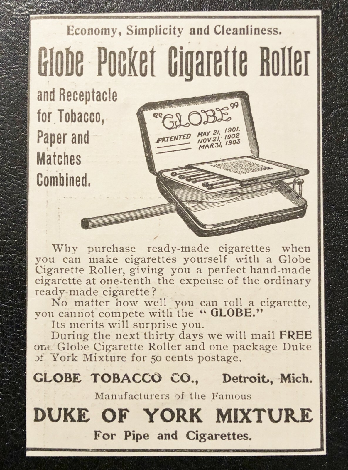 1905 GLOBE POCKET CIGARETTE ROLLER Vtg Tobacco Co.Print Ad~Duke of York Mixture