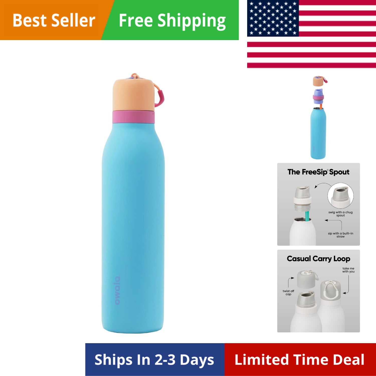 FreeSip Twist Insulated Stainless Steel Water Bottle with Straw for Sports an...