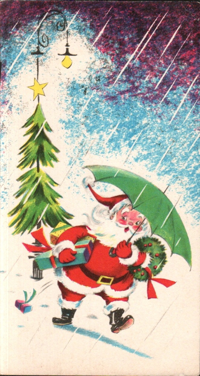 Retro Santa in the Rain with Umbrella & Gifts c1950s 6" x 3" Ephemera Card