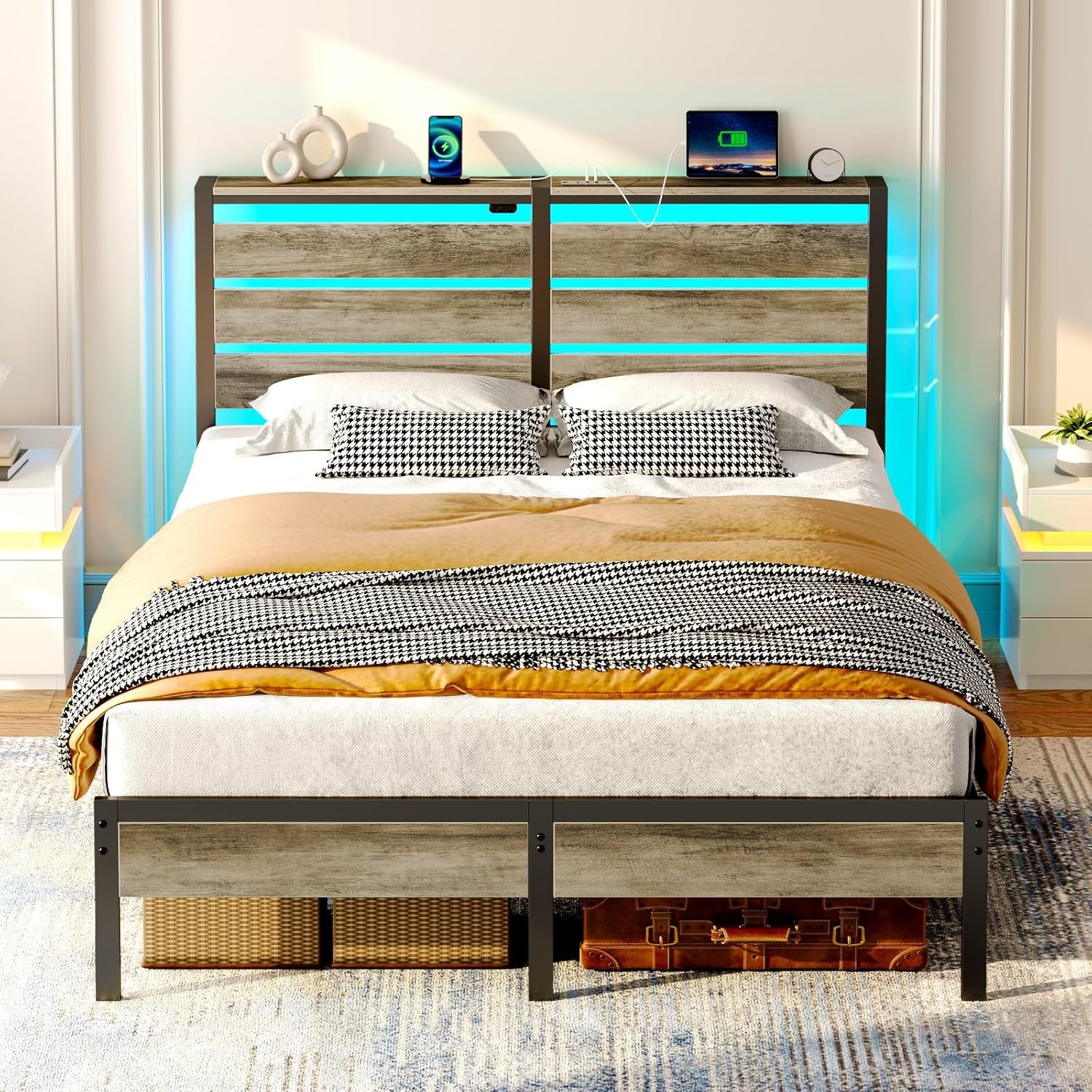 Bed Frame Twin Size W/ USB Charging Station LED Bed Frame W/ Wood Storage