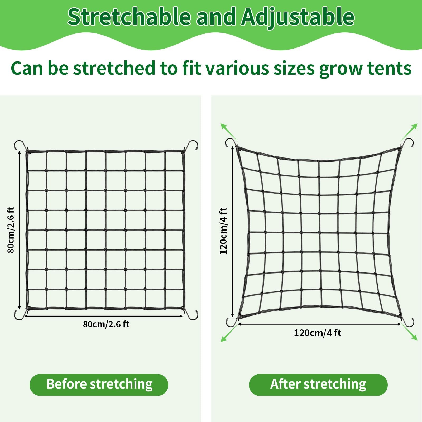 Trellis Netting, 2 Pack Scrog Nets with 8 Hooks, 4x4 Net 4×4ft-2pcs