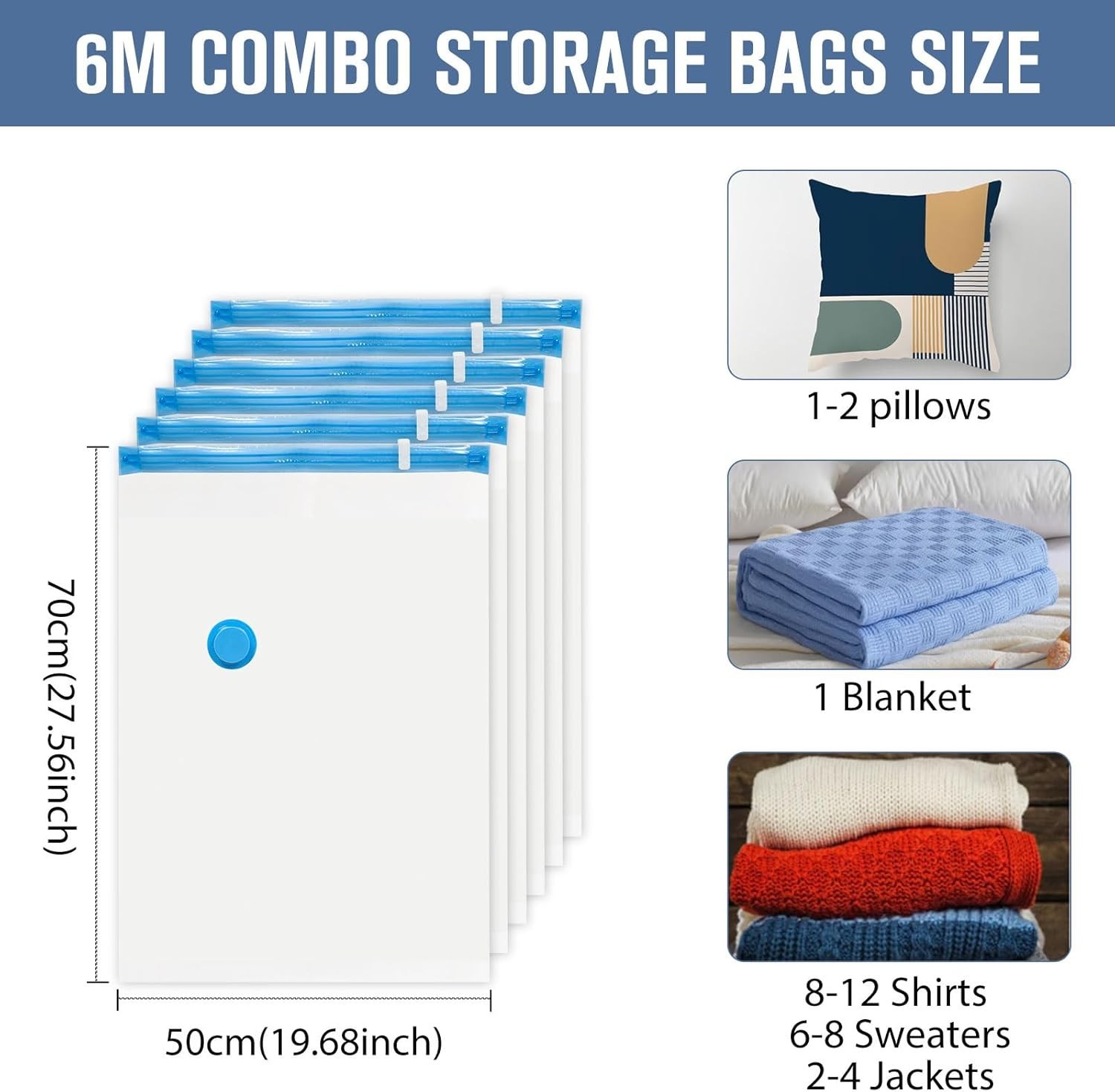 Transparent Compression Bags with Pump - 6 Medium Storage Solutions for Clothing