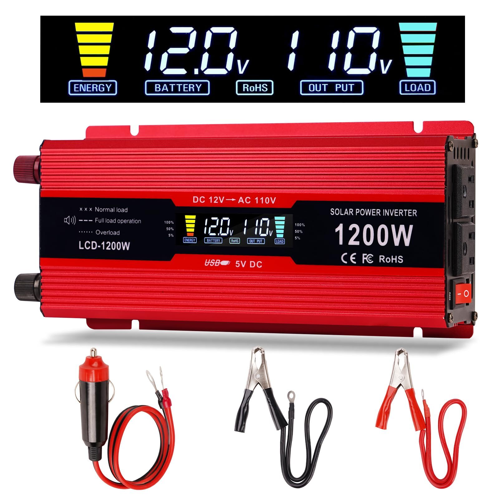 Car Power Inverter 1200w Dc 12v To 110v Ac Converter With Lcd Display And Ac Out