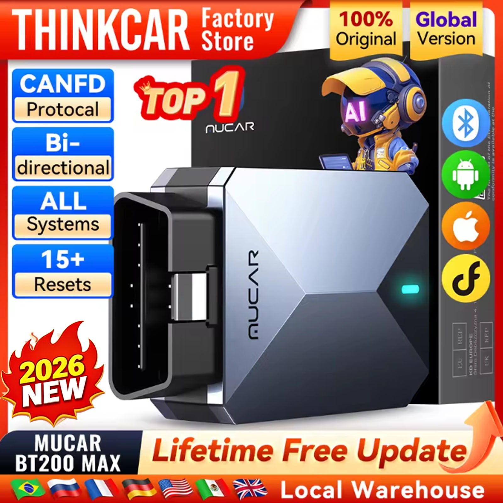 MUCAR BT200 MAX OBD2 Scanner Support ELM327 CANFD Full System Diagnostic Tools