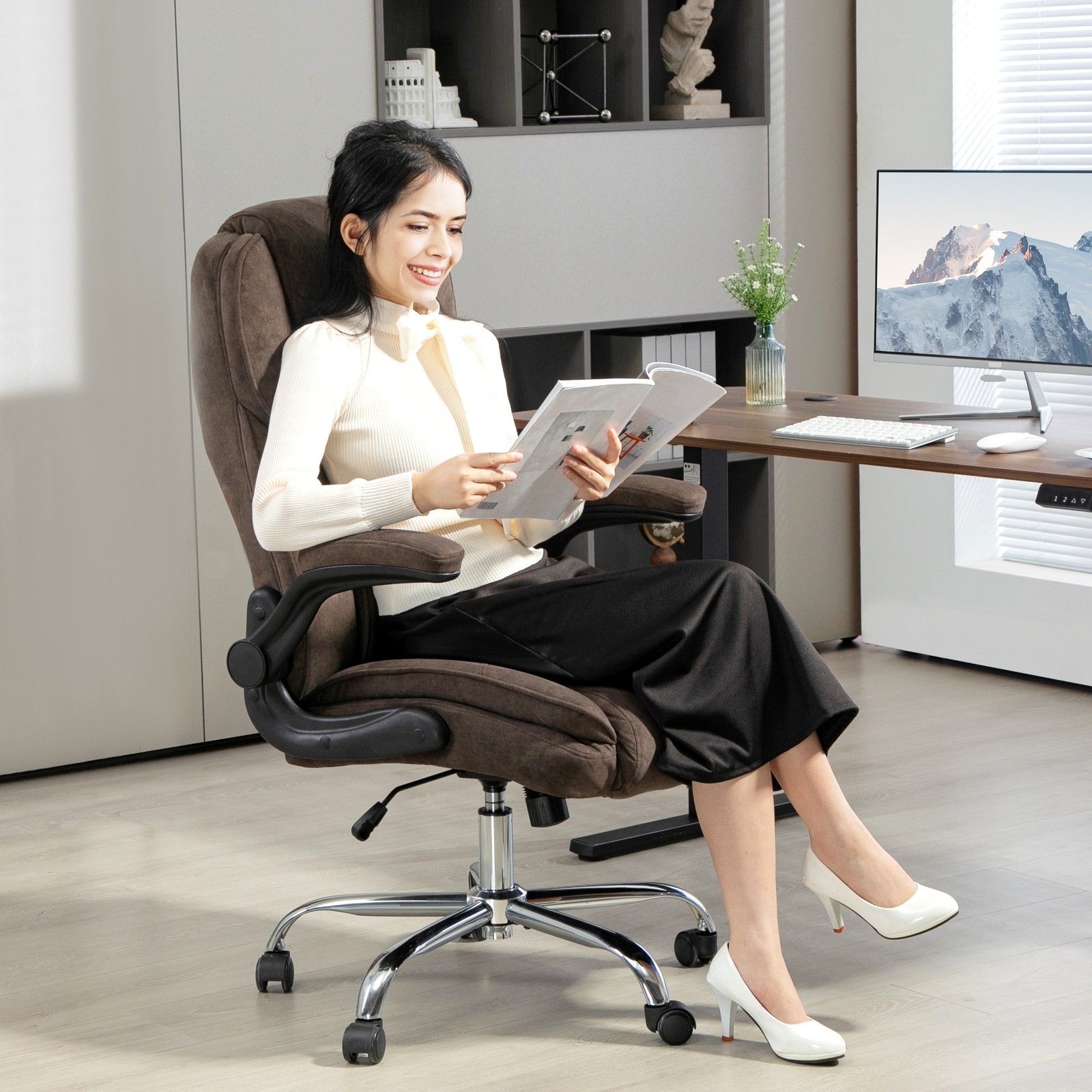 Office Chair, Computer Desk Chair with Flip-up Armrest, Dark Brown