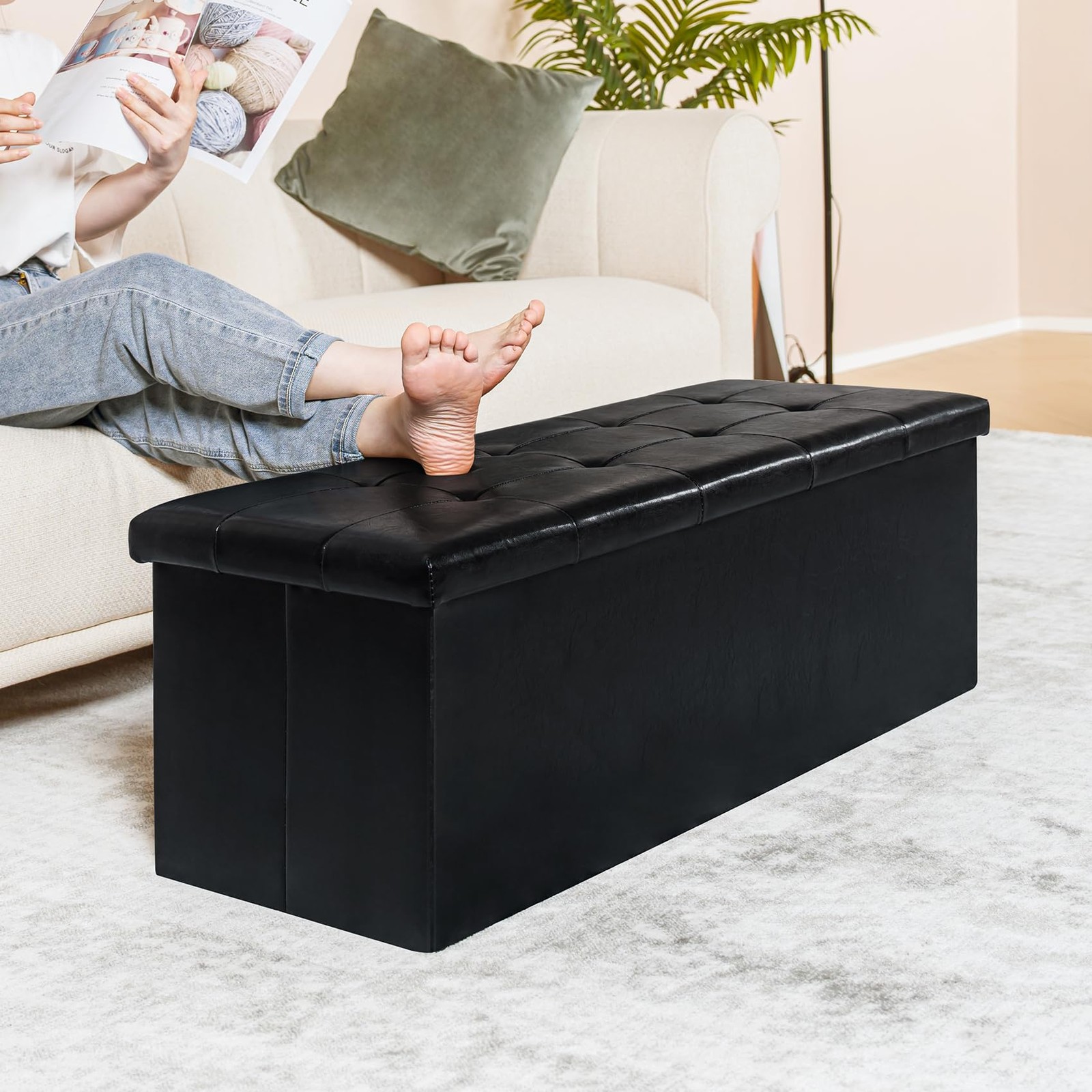 PINPLUS Folding Storage Ottoman Bench, Black Faux Leather Long Storage Chest wit