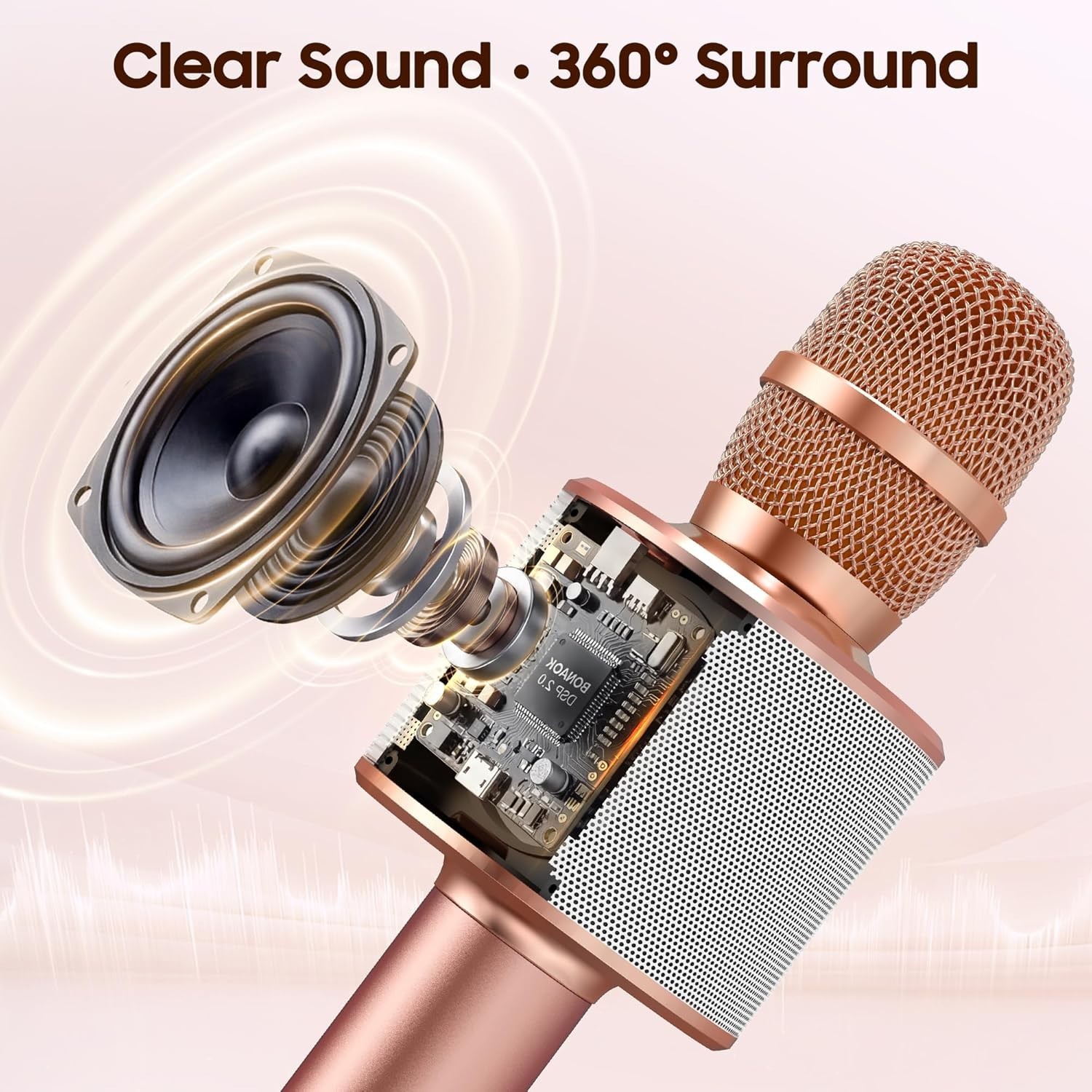 Rose Gold Wireless Bluetooth Karaoke Microphone & Speaker for Effortless Fun