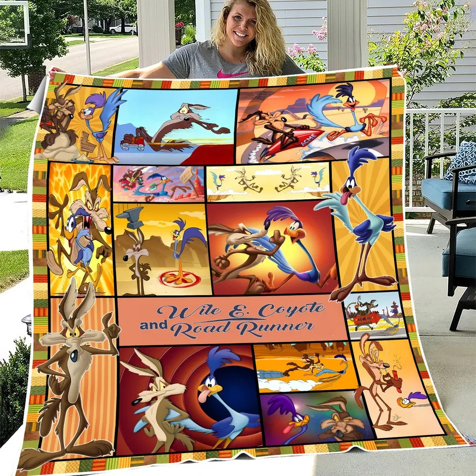 Funny Desert Coyote vs Speed Bird Cartoon Flannel Blanket Vintage Style