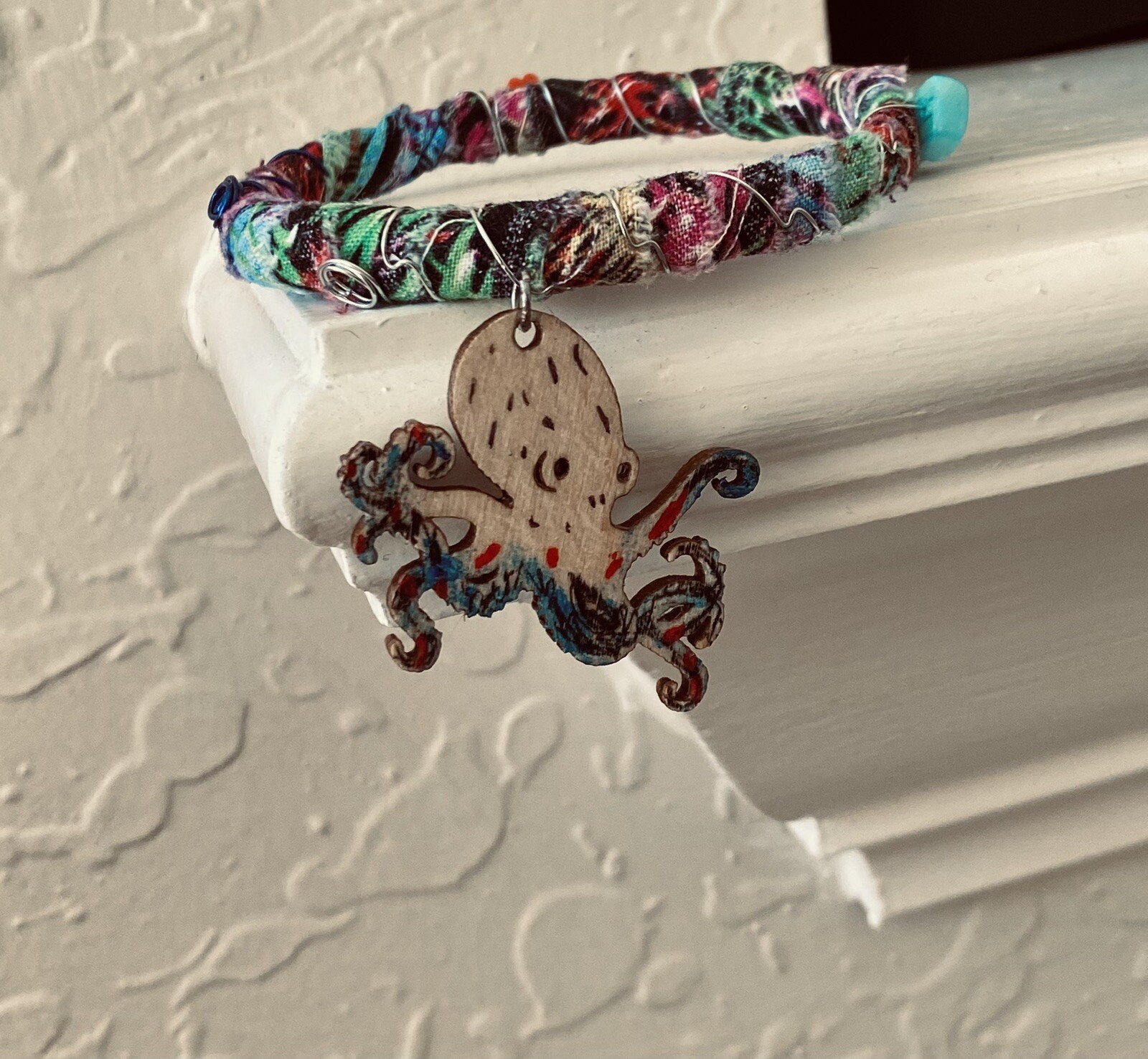 Octopus Bangle Fabric Wrapped Laser Painted Wood Charm & Beads