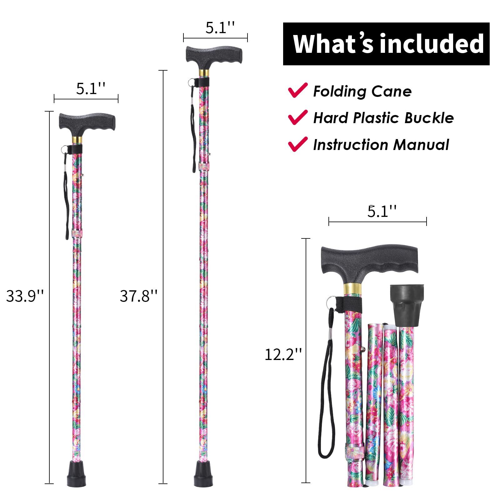 Folding Cane 5-Level Adjustable Height Walking Stick Lightweight Portable