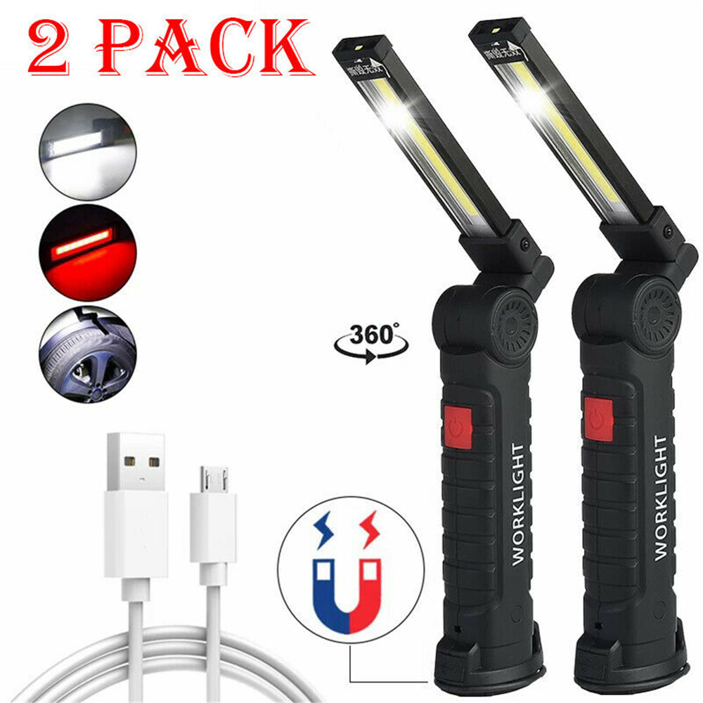2Sets USB Rechargeable COB LED Work Light Lamp Inspect Folding Torch Flashlight