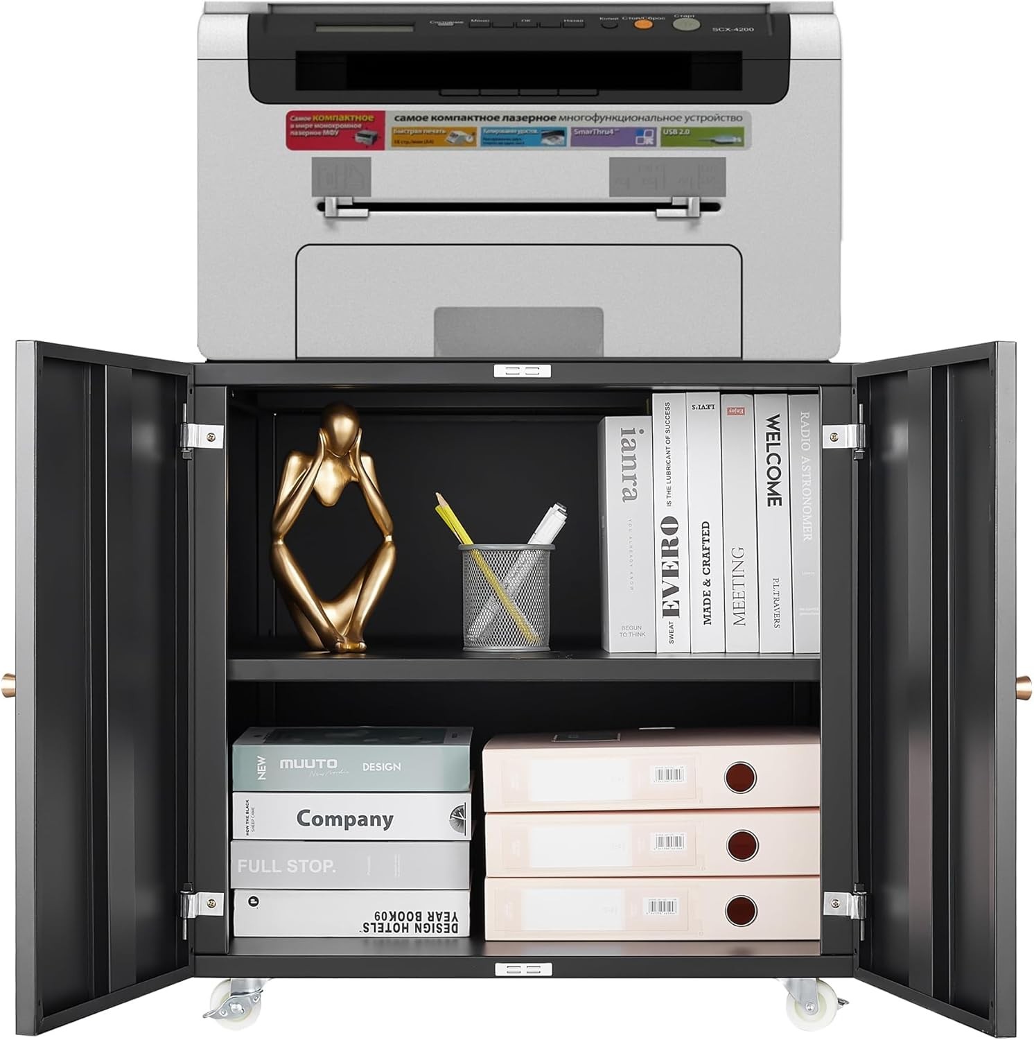 Sturdy Steel Printer Table with Storage & Adjustable Shelf on Wheels for Offices