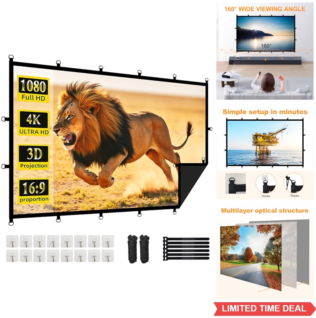120 inch Outdoor Projector Screen Washable Black Backing Foldable 16:9 4K HD