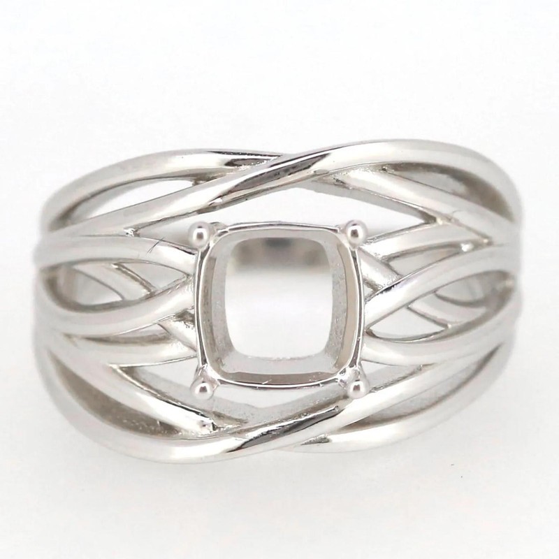 925 Sterling Silver 8mm Square Cushion Semi Mount Ring Woven Lattice Band Ring