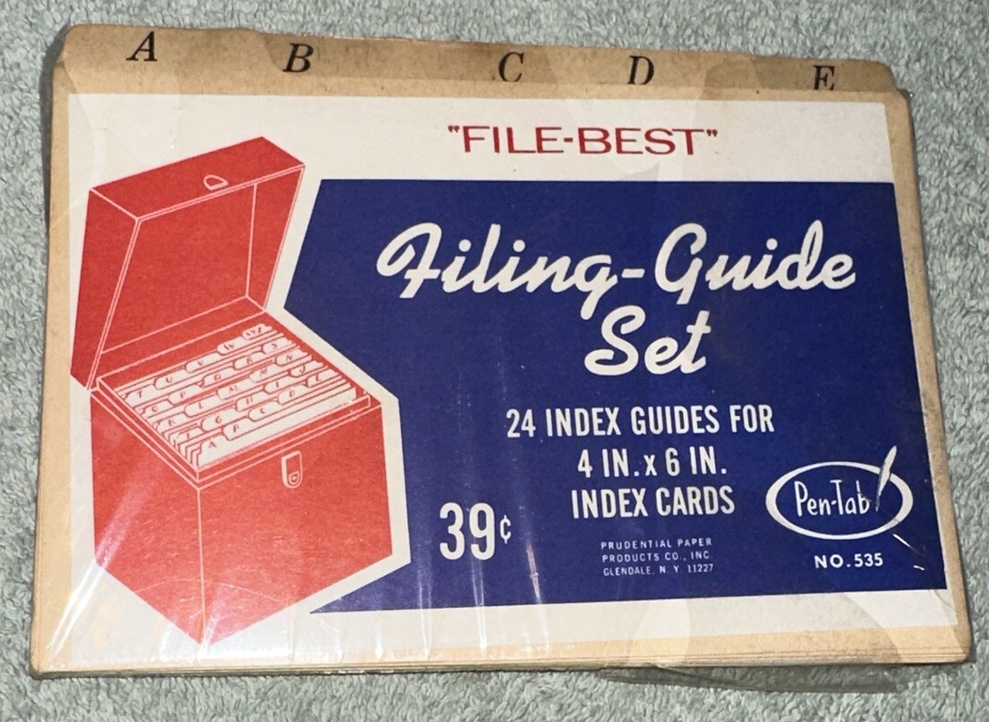 Vtg “File-Best” Filing-Guide Set 24 Index Guides 4” X 6” Pen-Tab #535 NOS