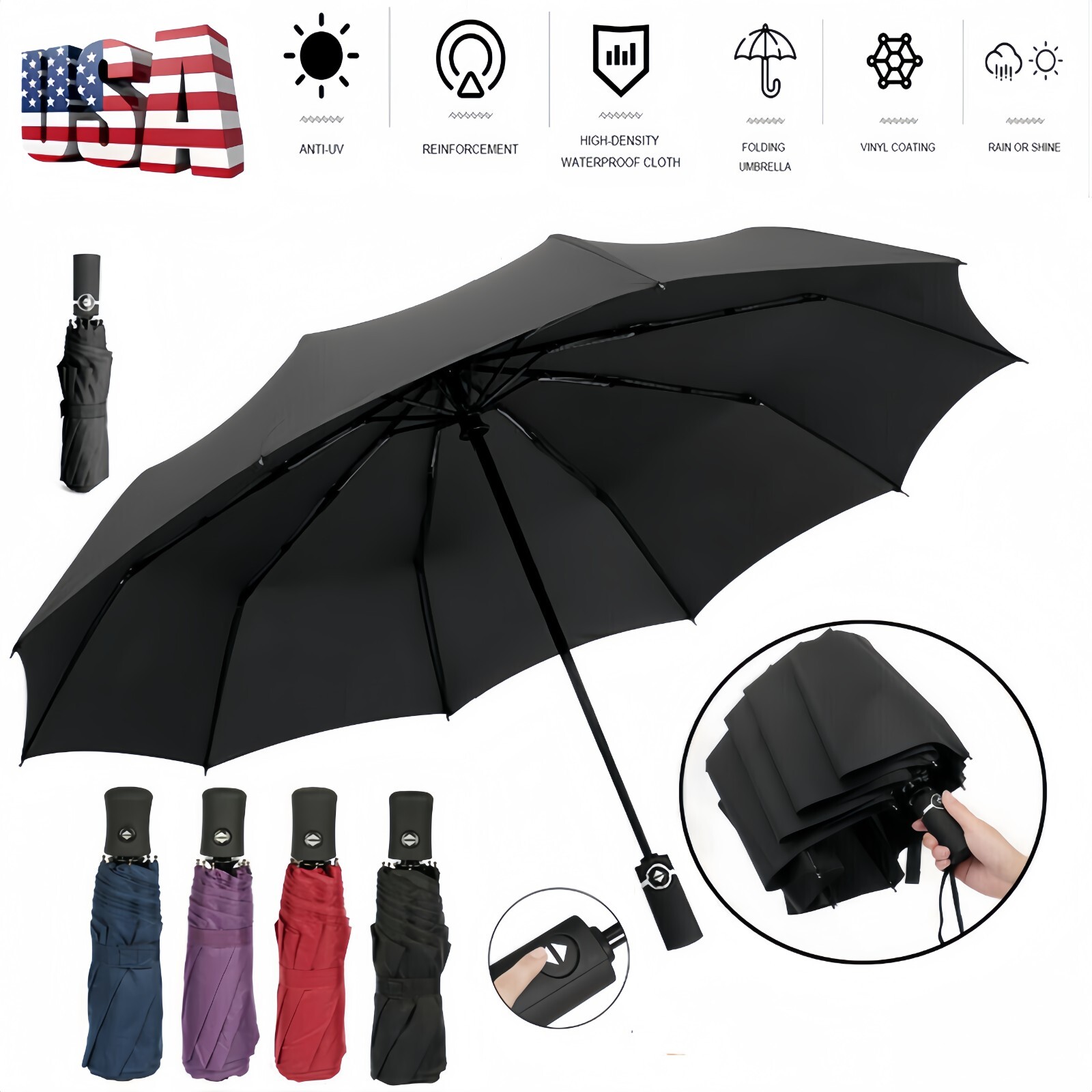 Automatic Umbrella Anti-UV Sun/Rain Windproof 3 Folding Compact Umbrella